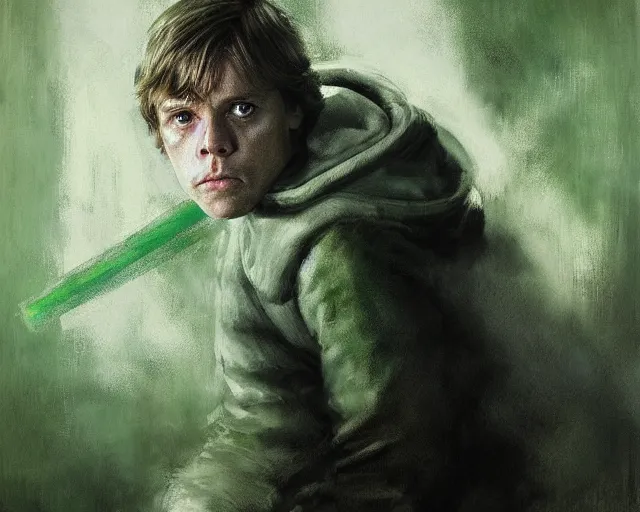 Image similar to portrait of young luke skywalker mark hamill young from star wars 6 return of the jedi 1 9 8 3 in shades of grey but with green by jeremy mann