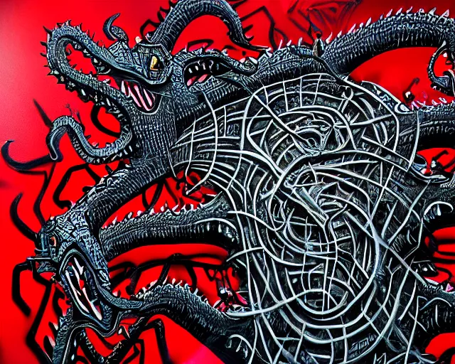 Image similar to 16k photorealistic image of a wall that has some lovecraftian graffiti on it inspired by wretched dragon rib cage. lovecraftian graffiti in red and black colors. the art is cursed and ecrusted with jewels.