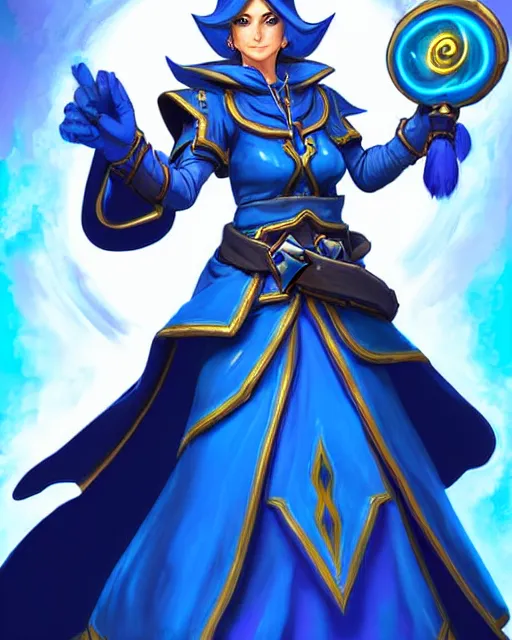 Prompt: perfectly - centered!! looking at the camera!!! full body portrait of a female blue mage, by hearthstone, masterclass art