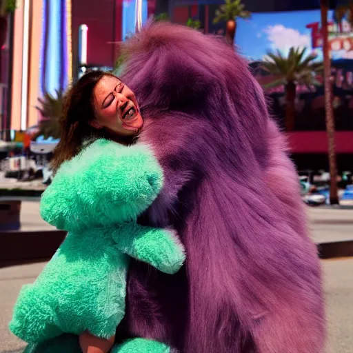 Prompt: LAS VEGAS, NV JUNE 7 2024: Fluffy gigantic creature demands a hug.