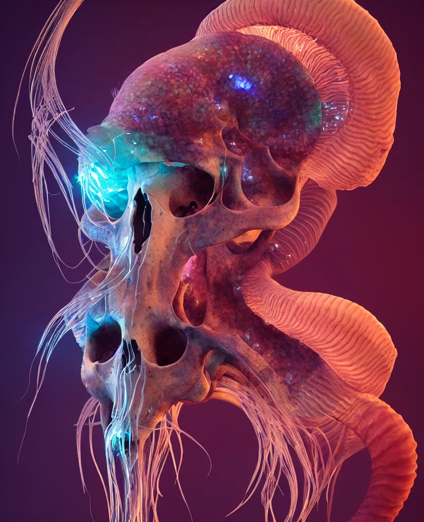 Image similar to goddess close-up portrait goat skull. jellyfish phoenix head, nautilus, orchid, skull, betta fish, bioluminiscent creatures, intricate artwork by Tooth Wu and wlop and beeple. octane render, trending on artstation, greg rutkowski very coherent symmetrical artwork. cinematic, hyper realism, high detail, octane render, 8k