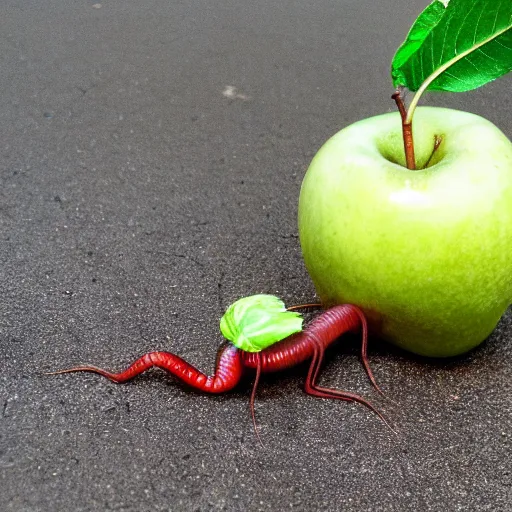 Prompt: an earthworm crawling out of an apple