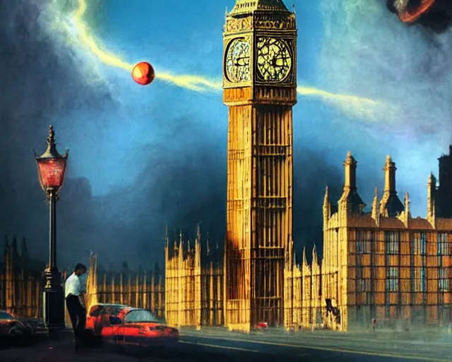 Image similar to big ben destroyed by a powerful juice explosion, painting by frank frazetta, 3 d rendering by beeple, wlop