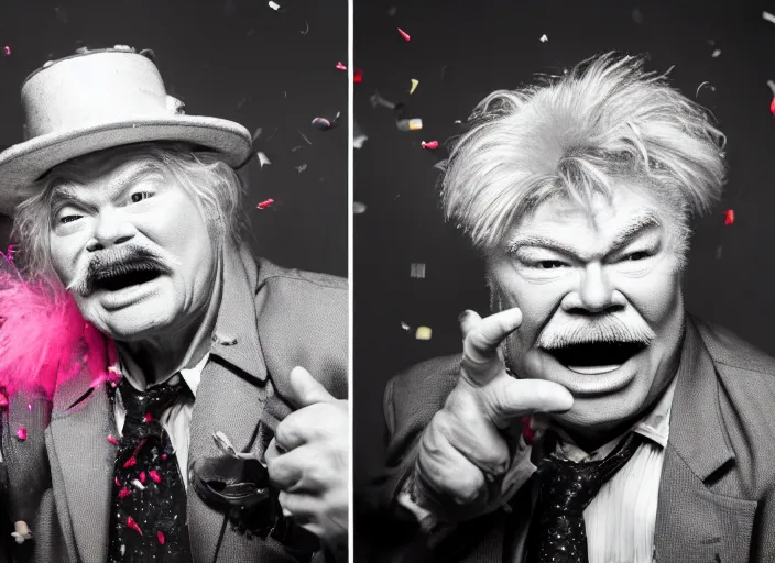 Image similar to photo still of rip taylor at a drug bust!!!!!!!! at age 5 4 years old 5 4 years of age!!!!!!! throwing confetti from a bucket, 8 k, 8 5 mm f 1. 8, studio lighting, rim light, right side key light