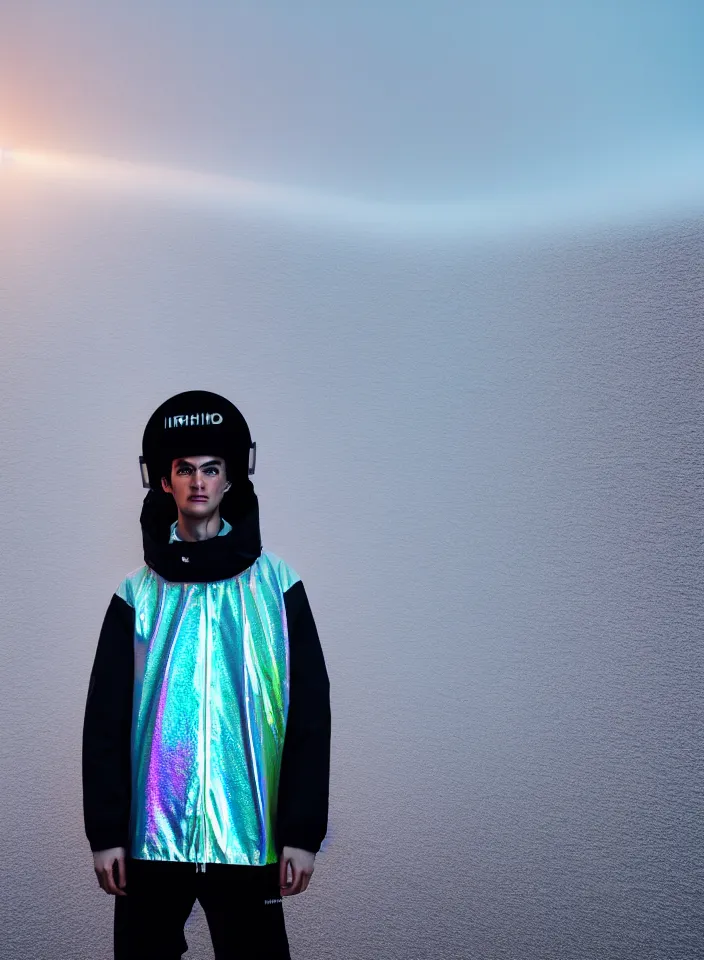 Image similar to an ultra high definition professional studio quality photograph of a single android influencer with silver skin wearing a transparent iridescent pastel coloured visor and matching wavey raincoat on white hook in a sheer icelandic black rock environment. three point light. dramatic lighting. volumetric shadows. light rays