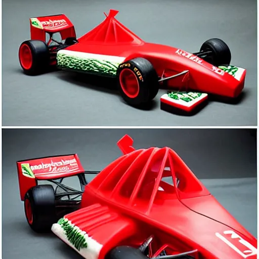 Image similar to a formula 1 racecar, made out of watermelon carving pieces,