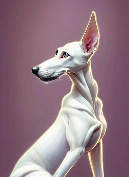 Image similar to cute white greyhound, natural lighting, path traced, highly detailed, high quality, digital painting, by don bluth and ross tran and studio ghibli and alphonse mucha, artgerm