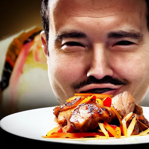 Prompt: anonymous with face on stirfry pork, cinematic dramatic composition