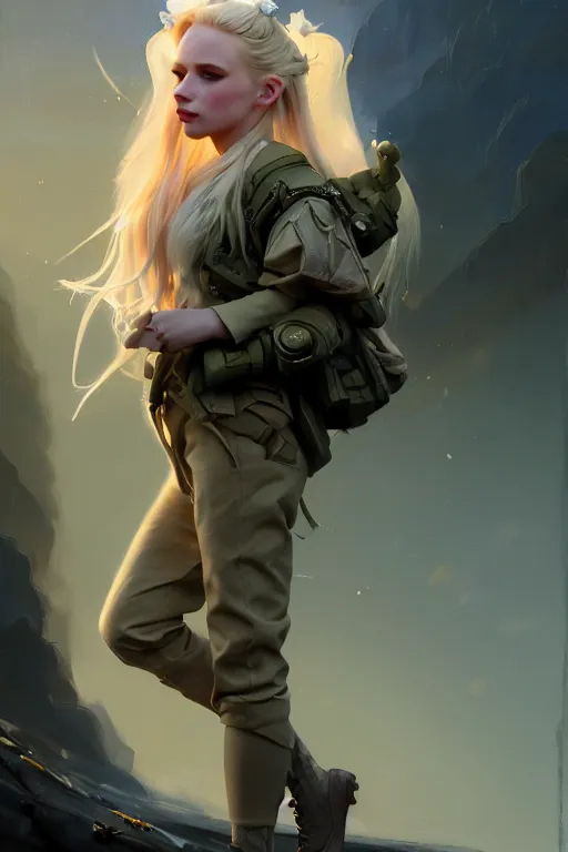 Image similar to cinematic shot of an epic portrait of a cute blonde fairy dressed in military clothes, stylised military clothes, shiny skin, beautiful eyes, beautiful, small details, night setting, realistic poster with volumetric light from craig mallism, artgerm, jeremy lipkin and michael garmash, unreal engine, radiant light, digital art, trends at art station, a masterpiece