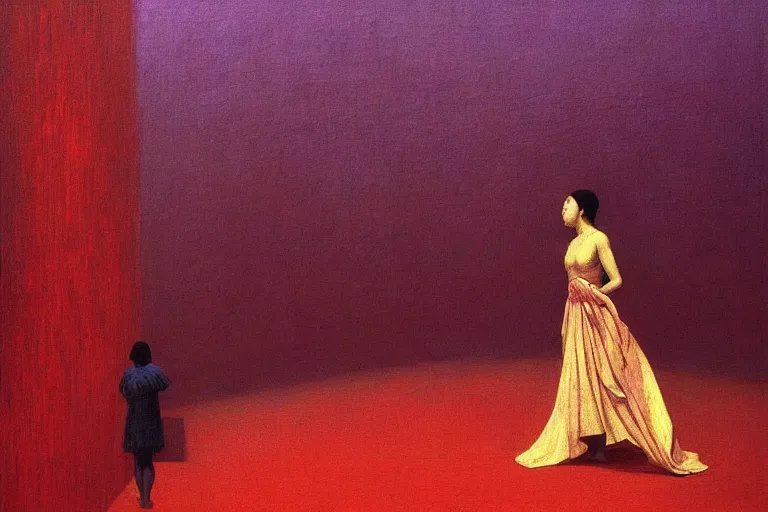 Image similar to a asian female standing center in the octogon, sportspalast amphitheatre, crowd hails her, in the style of beksinski, parts by edward hopper, parts by rodcenko, parts by yue minjun, intricate and epic composition, purple by caravaggio, insanely quality, highly detailed, masterpiece, red light, artstation, 4 k