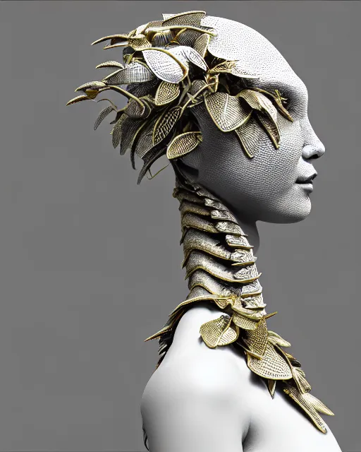 Image similar to close - up profile face, complex 3 d render of a beautiful porcelain vegetal dragon cyborg young female, 1 5 0 mm, beautiful natural soft rim light, silver gold details, magnolia leaves and stems, roots, fine lace, mandelbot fractal, elegant, ultra detailed, white metallic armour, octane render, black and white, h. r. giger style