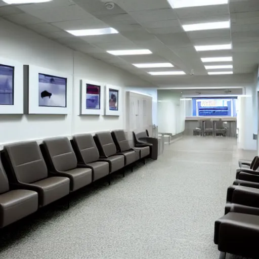 Prompt: a corporate waiting room, liminal, surreal, mostly white color scheme