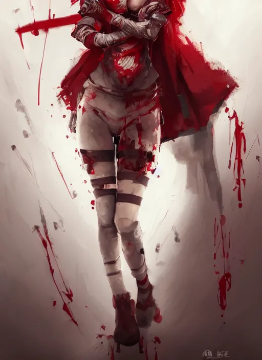 Image similar to a highly detailed illustration of short hair cute japanese girl wearing blood stained hoodie and bandages on legs, bright red eyes, dramatic sadistic berserk pose, intricate, elegant, highly detailed, centered, digital painting, artstation, concept art, smooth, sharp focus, league of legends concept art, WLOP