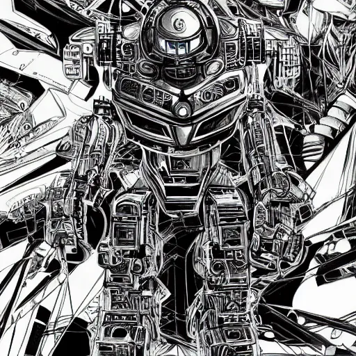Image similar to a huge robot with the puerto rican flag etched onto it's helmet, by hayao myazaki, by lee man fong, graphic novel, visual novel, graphite, fountain pen, digital art, comic book, field of view, tones of black in background, oled, insanely detailed and intricate, hypermaximalist, elegant, ornate, hyper realistic, super detailed