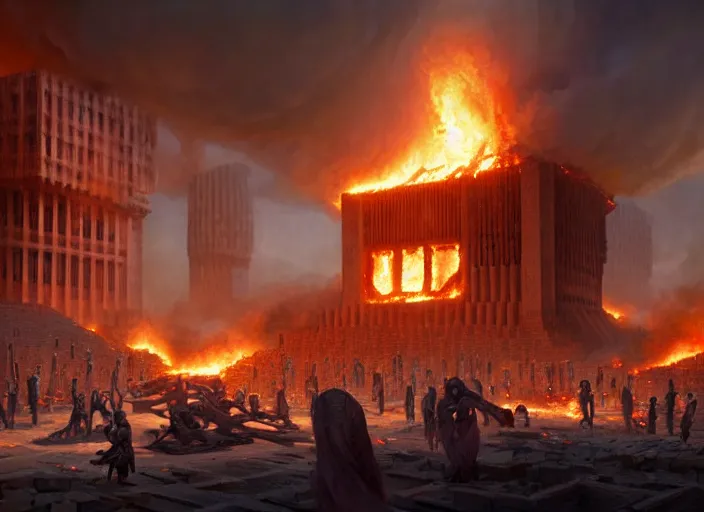 Prompt: A dozen humanoid robots burning the library of Alexandria, epic science fiction horror digital matte painting by Steve Henderson and Mark Brooks (and Greg Rutkowski), extremely detailed, artstation