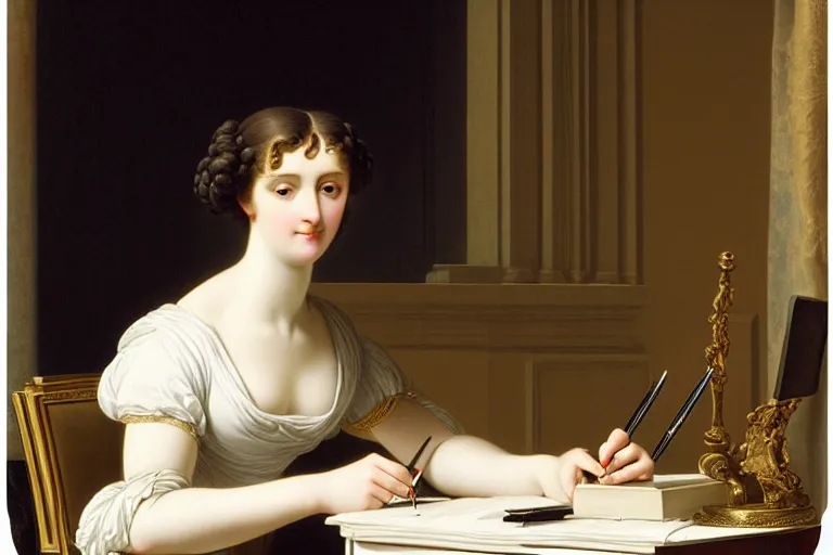 Image similar to 1 8 1 0 s lady writing at her desk by vittorio reggianini, georgian, dress, directoire style, regency, empire silhouette, bright lighting, perfectly detailed eyes, beautiful hands, pale skin, clear face