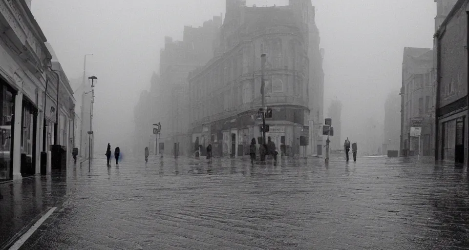 Prompt: a rainy british street in 2006