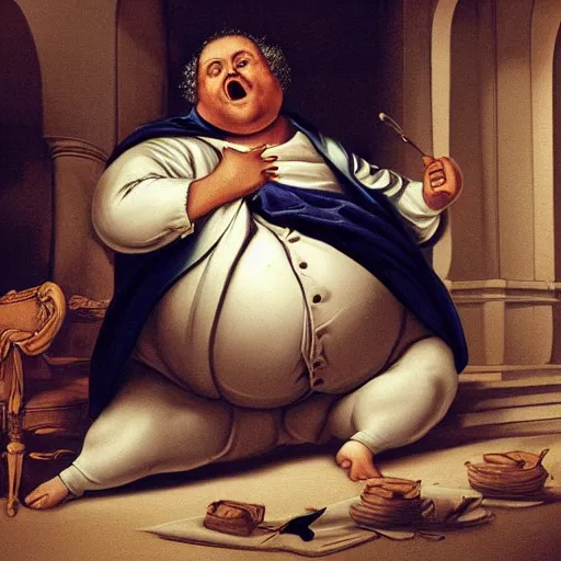 Prompt: fat politician with big stomch is draining souls of innocent peoples in baroque style