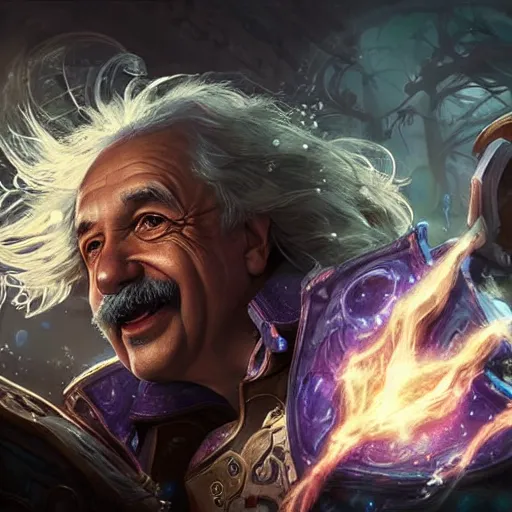 Image similar to portrait of albert einstein as a spellcaster, league of legends amazing splashscreen artwork, gears of war, splash art, natural light, elegant, photorealistic facial features, intricate, fantasy, detailed face, atmospheric lighting, anamorphic lens flare, cinematic lighting, league of legends splash art, hd wallpaper, ultra high details by greg rutkowski