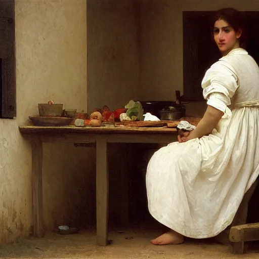 Prompt: Farmhouse kitchen, oil on canvas by William-Adolphe Bouguereau