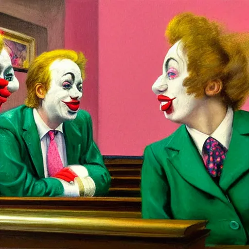 Prompt: a highly detailed beautiful portrait close up hyper realistic painting of british members of parliament in the house of commons wearing pastel coloured clown costumes with pleasant oversized joyful faces, they are smoking. in the style of edward hopper, richard hamilton. concept art. green leather benches. photographic. concept. crisp digital art. no artefacts. desaturated. high fidelity facial portrait. 8 k