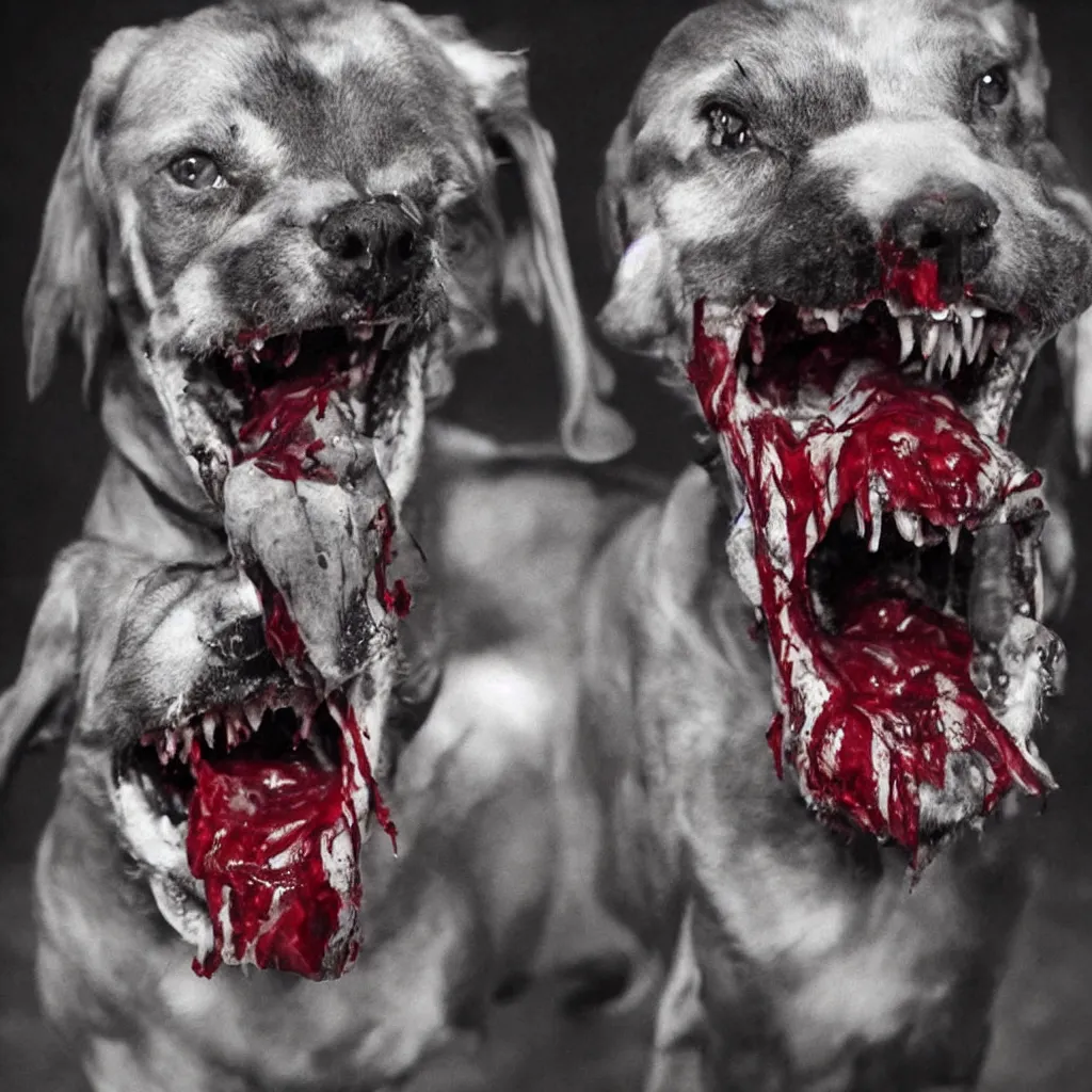 Prompt: horrifying and demonic dog with bloody fangs