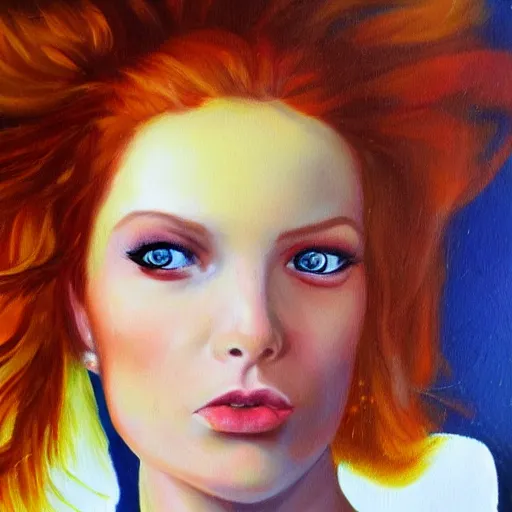 Prompt: redhead fashion model astronaut portrait, realism oil painting