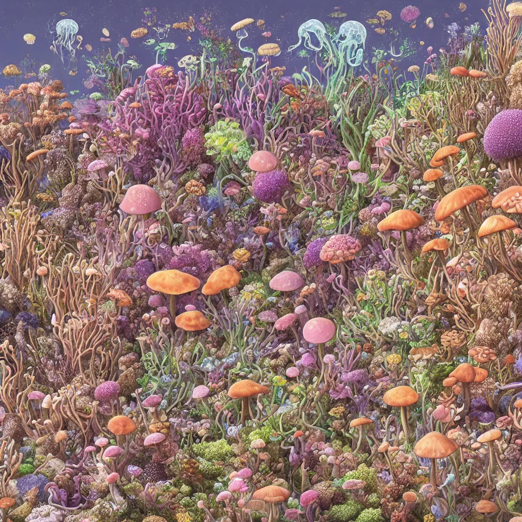 Image similar to highly detailed illustration of all the known species of plants, flowers, corals, mushrooms and jellyfish by juan gatti, by makoto shinkai, by moebius!, by oliver vernon