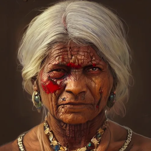 Prompt: portrait painting of a muscular bloodied indian old woman, ultra realistic, concept art, intricate details, eerie, highly detailed, photorealistic, octane render, 8 k, unreal engine. art by artgerm and greg rutkowski and alphonse mucha