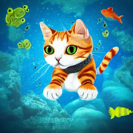 Prompt: a cat scuba diver, ears and tail and flippers, mystical undersea atmosphere, realistic
