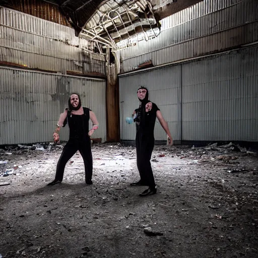 Image similar to two electric guitar players in jumpsuits, playing death metal in an abandoned warehouse