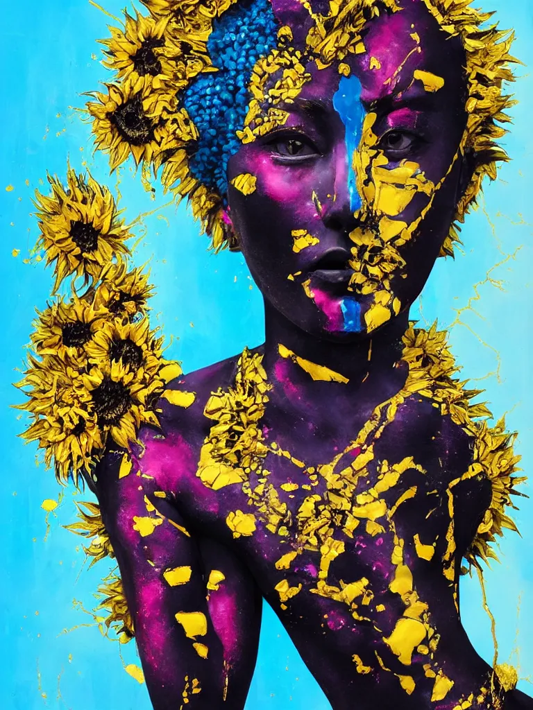 Prompt: symmetrical painting of a fractured dark obsidian greek statue of asian female beauty, yellow gemstones spikes, crystallic sunflowers, lightblue dripping acrylic paint and magenta tar, repaired with kintsugi, rendered in octane trending on cgsociety. extremely detailed and intricate art, corruption, sleek