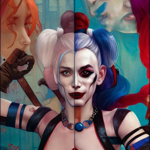 Image similar to Harley Quinn but she's a beautiful ape with long pony tails on either side of her head, mucha, mayhem, illustration, by James Jean, artgerm, octane render, by John Coltrane and Marc Simonetti, Manic, inspired by Greg rutkowski, colorful, studio lighting, high detail of the face, full body