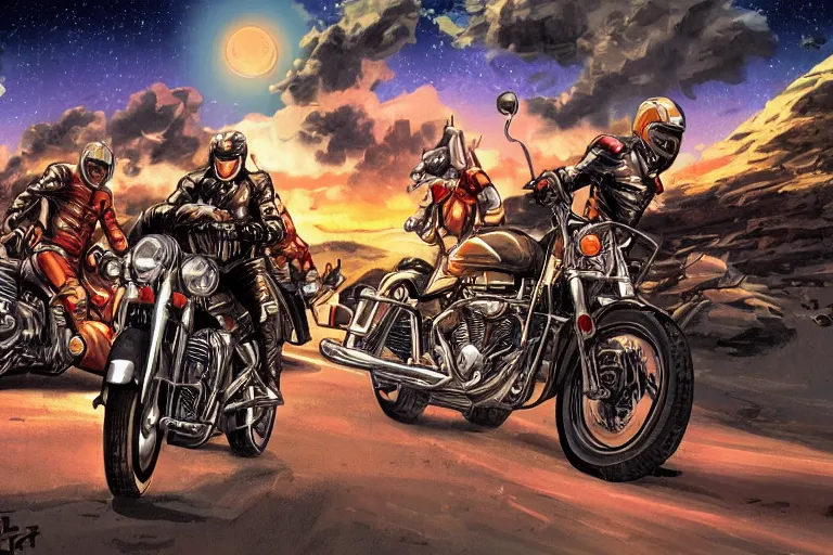 Prompt: motorcycles outside of bar night sky stars illustration by jack kirby artstation 4 k 8 k graphic novel concept art matte painting