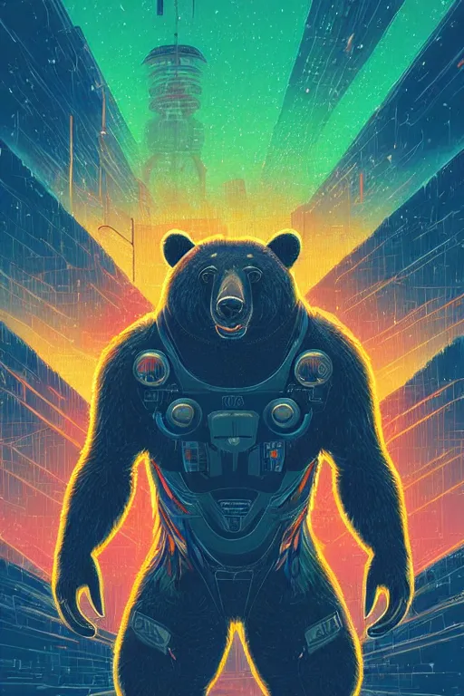 Image similar to a portrait of a bear with thunders in the sky in a future cybernetic city, outrun style and colours, trending on arstation, by dan mumford, by ross tran