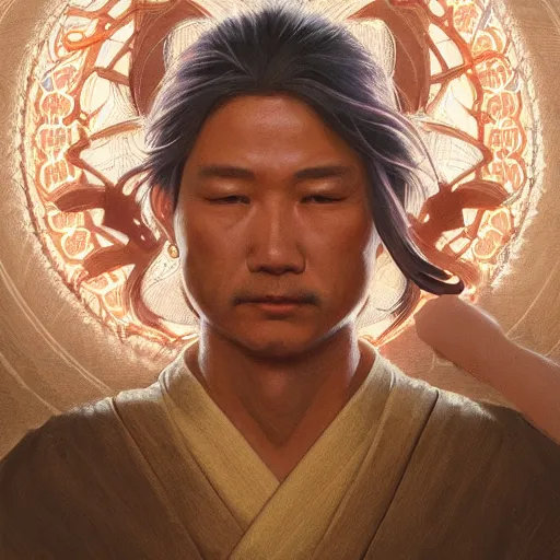 Image similar to mr miyagi is god, portrait, intricate, detailed, volumetric lighting, scenery, digital painting, highly detailed, artstation, sharp focus, illustration, artstation, art by artgerm and greg rutkowski and alphonse mucha