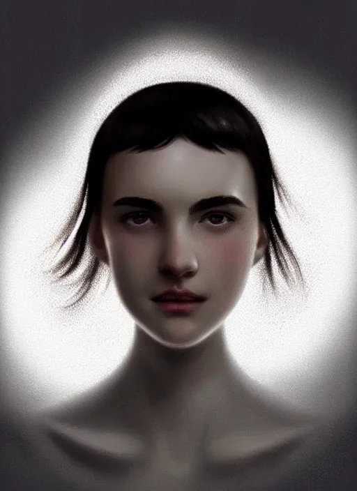 Prompt: portrait of white teenage girl, narrow face, short black hair and eyebrows, bangs, half updo hairstyle, buck toothed smile, unattractive, defined jawline, long chin, wearing hair bow, intricate, elegant, glowing lights, highly detailed, digital painting, artstation, sharp focus, illustration, art by wlop, mars ravelo and greg rutkowski