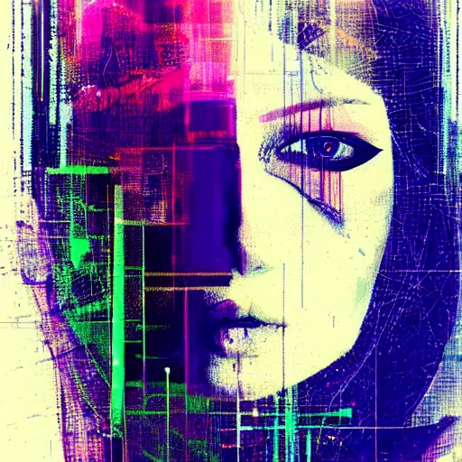 Image similar to portrait of a hooded beautiful women, mysterious, glitch effects over the eyes, shadows, by Guy Denning, by Johannes Itten, by Russ Mills, centered, glitch art, innocent, clear skin, hacking effects, chromatic, cyberpunk, color blocking, digital art, concept art, abstract