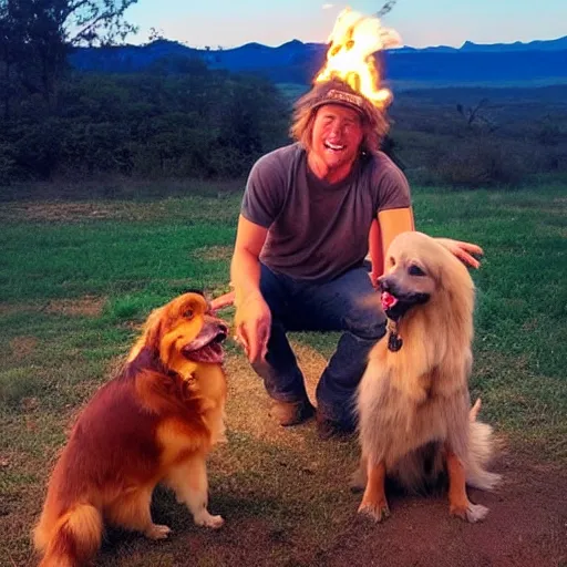 Prompt: photo of hillbilly with long blonde hair and an australian shepherd dog around a bonfire, symmetric face