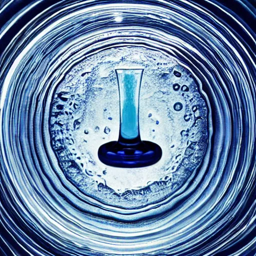 Image similar to perfume bottle emerging from water causing circular serene artistic ripples