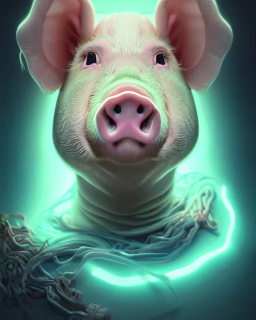 Image similar to portrait of a cute female pig, bioluminescent, veins, horror, scared, highly detailed, digital painting, cinematic, hyperrealism, dark retrowave, art by stanley lau and artgerm and magali villeneuve and alphonse mucha, artstation, octane render, cgsociety