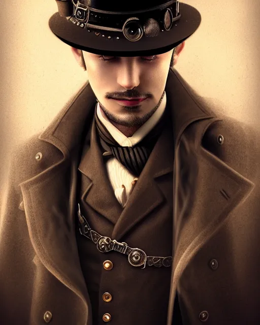 Prompt: steampunk male portrait, handsome, steampunk hat, detective coat, steampunk monocle, illustration by adrian ludwig richter, dramatic lighting, intricate, highly detailed, sharp focus, luminous, unreal engine, blender, deviant art, masterpiece, ray tracing