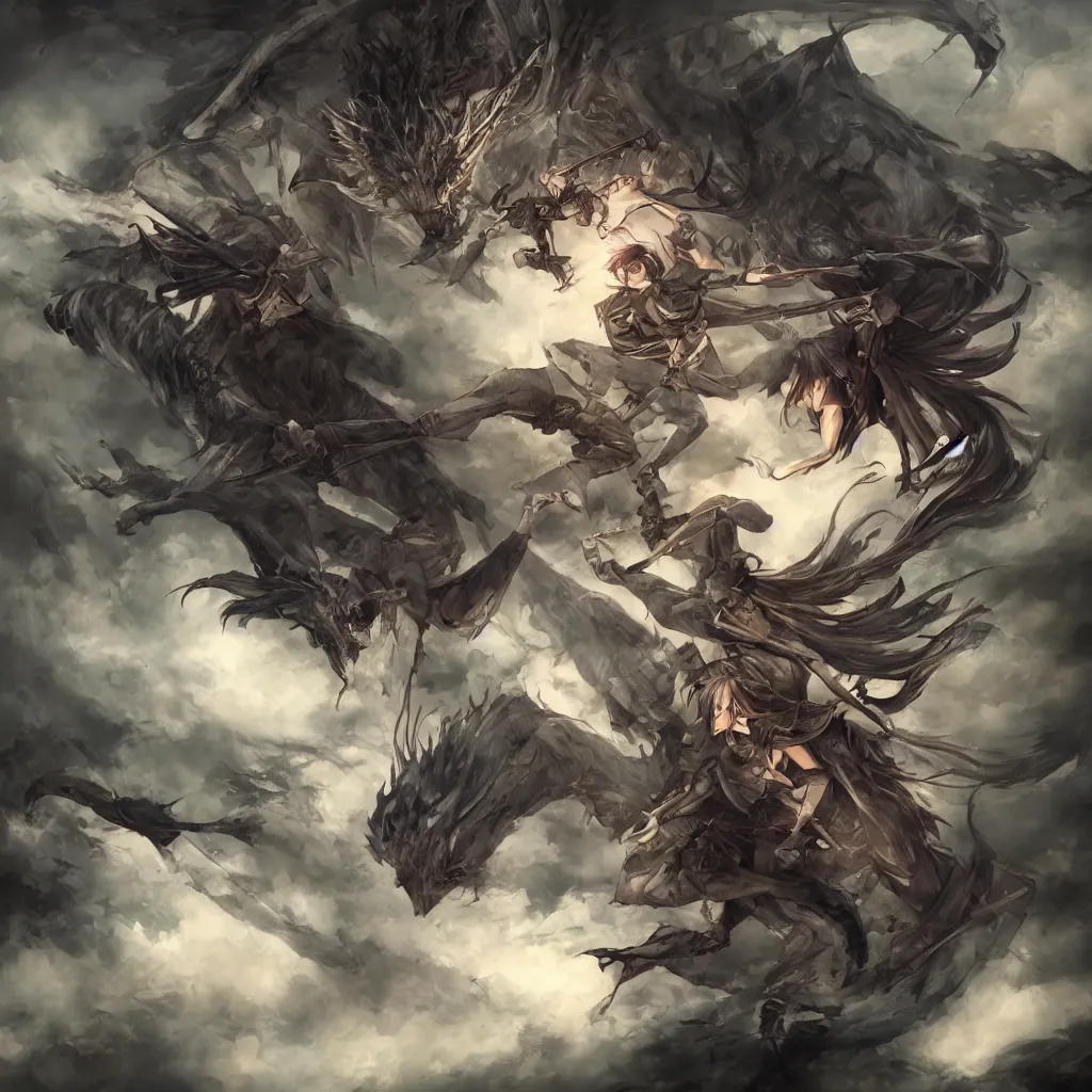 Image similar to realistic detailed fight of two half dragon half human anime characters, sword, gun, deep moody dark colors, surreal, 8 k, award winning, digital manga art, ayamin kojima, gediminas pranckevicius