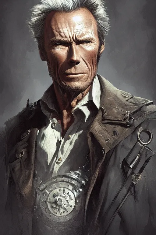 Prompt: heroic character design of clint eastwood, portrait, western, steampunk, duster, fantasy, intricate, elegant, highly detailed, digital painting, artstation, concept art, sharp focus, illustration, art by artgerm and greg rutkowski and alphonse mucha