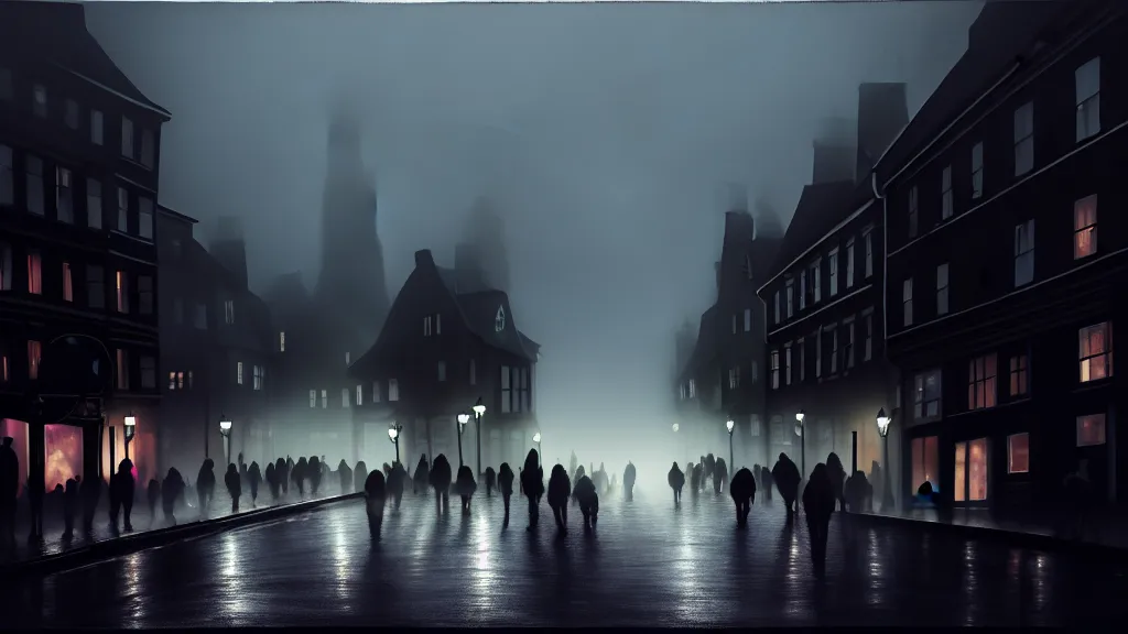 Image similar to a black sphere with glowing edges over old town with houses in the windows of which the light is on and a crowd of people on street. early morning, fog on ground, wet street. mike barr painting. volumetric light, dull colors, dark, noir arthouse, 3 5 mm, hight detalied, hd, 4 k