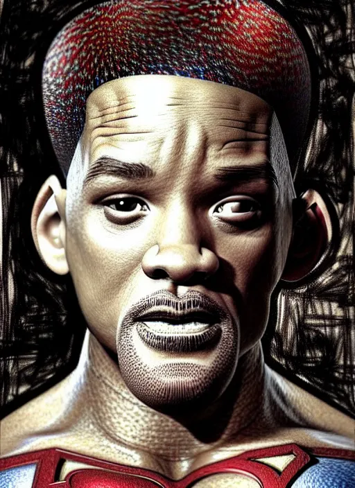 Image similar to will smith as superman, muscles, veins, arteries, intricate, organs, ornate, surreal, ray caesar, john constable, guy denning, dan hillier