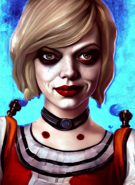 Image similar to bioshock portrait of emma stone as harley quinn, hyper detailed, digital art, trending in artstation, cinematic lighting, studio quality, smooth render, unreal engine 5 rendered, octane rendered, art style by klimt and nixeu and ian sprigger and wlop and krenz cushart.