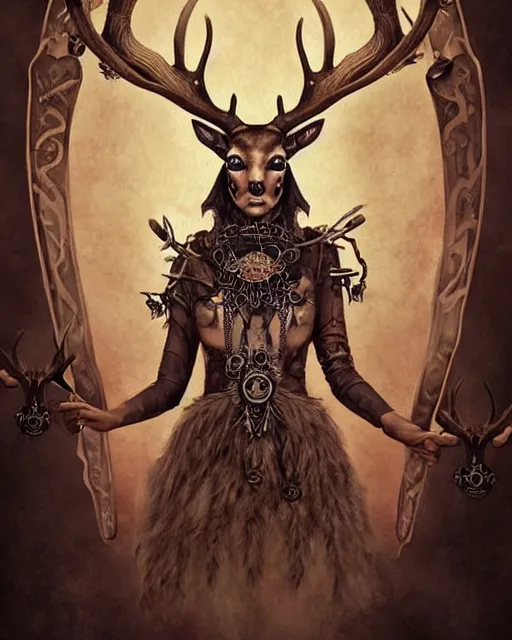 Prompt: beautiful fierce stag - headed anthropomorphic pagan druidic priestess of pentagrams with beetle wings and steampunk gun staff. noble bearing. award winning ornate symmetry matte portrait, artgerm, rhads watercolor, serenity