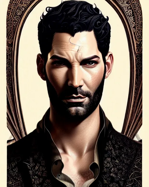 Prompt: tom ellis ( lucifer ) portrait, art nouveau, fantasy, intricate devilish designs, elegant, highly detailed, sharp focus, art by artgerm and greg rutkowski and wlop