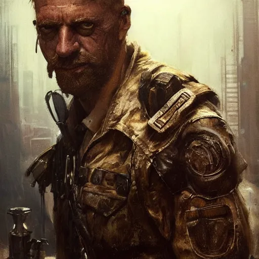 Image similar to armitage, colonel willis corto, aged shaggy ex military soldier, cyberpunk, painted by seb mckinnon, high detail, dramatic light, digital art, painted by greg rutkowski, promotional movie posterart, trending on artstation